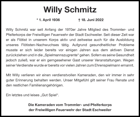 Traueranzeige von Willy Schmitz von Zeitung am Sonntag