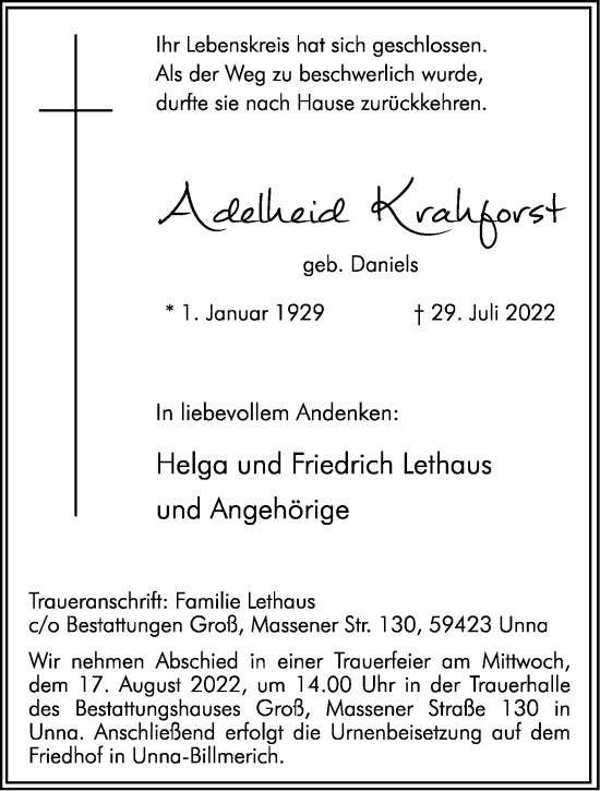 Traueranzeige von Adelheid Krahforst von Aachener Zeitung / Aachener Nachrichten