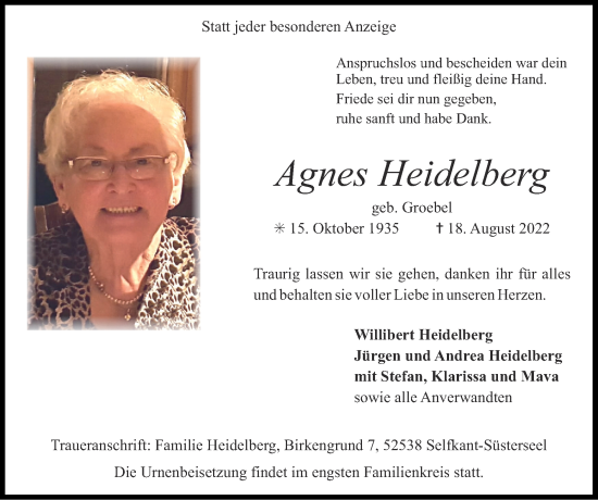 Traueranzeige von Agnes Heidelberg von Zeitung am Sonntag