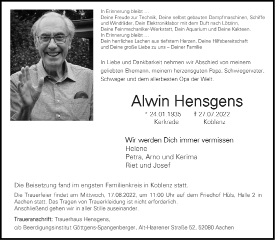 Traueranzeige von Alwin Hensgens von Aachener Zeitung / Aachener Nachrichten