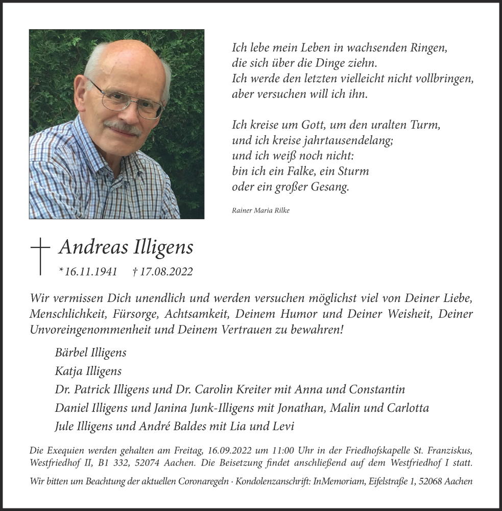  Traueranzeige für Andreas Illigens vom 27.08.2022 aus Aachener Zeitung / Aachener Nachrichten