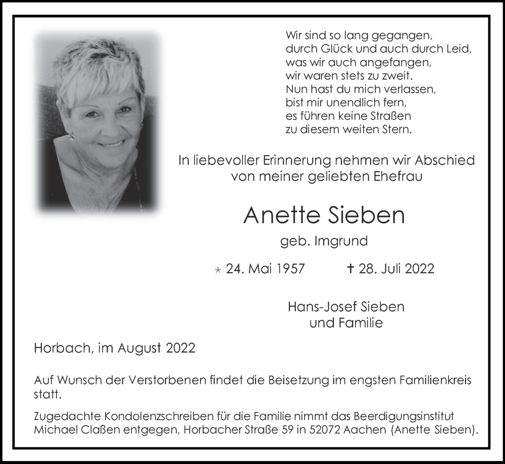 Traueranzeigen von Anette Sieben | Aachen gedenkt