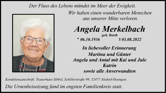 Traueranzeige von Angela Merkelbach von Zeitung am Sonntag