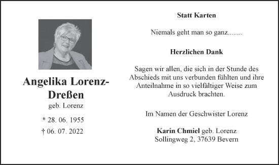Traueranzeige von Angelika Lorenz-Dreßen von Zeitung am Sonntag