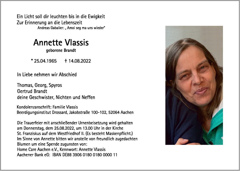  Traueranzeige für Annette Vlassis vom 20.08.2022 aus Aachener Zeitung / Aachener Nachrichten