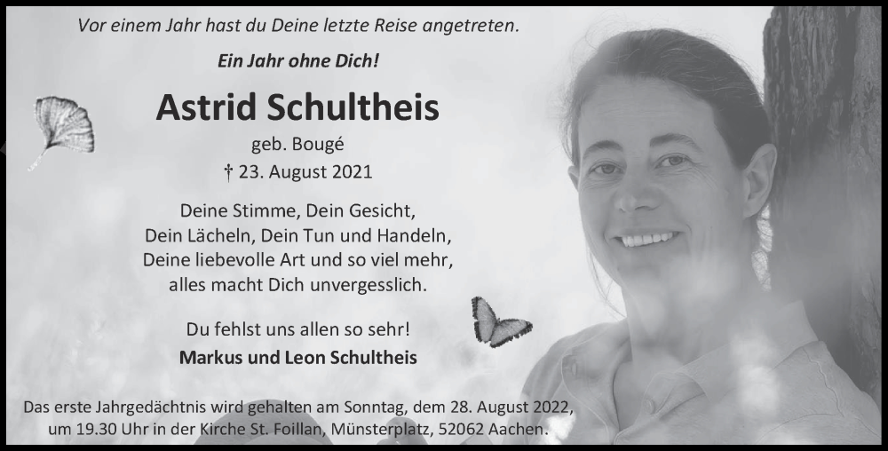  Traueranzeige für Astrid Schultheis vom 20.08.2022 aus Aachener Zeitung / Aachener Nachrichten
