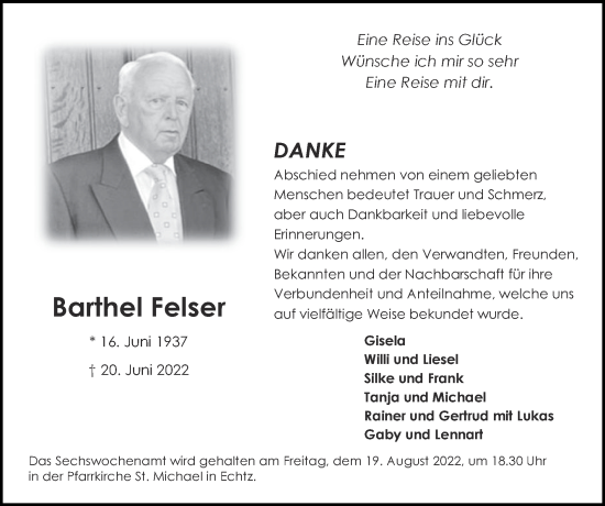 Traueranzeige von Barthel Felser von Zeitung am Sonntag