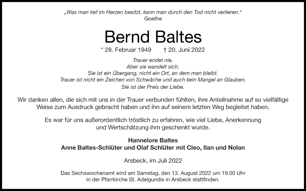  Traueranzeige für Bernd Baltes vom 07.08.2022 aus Zeitung am Sonntag