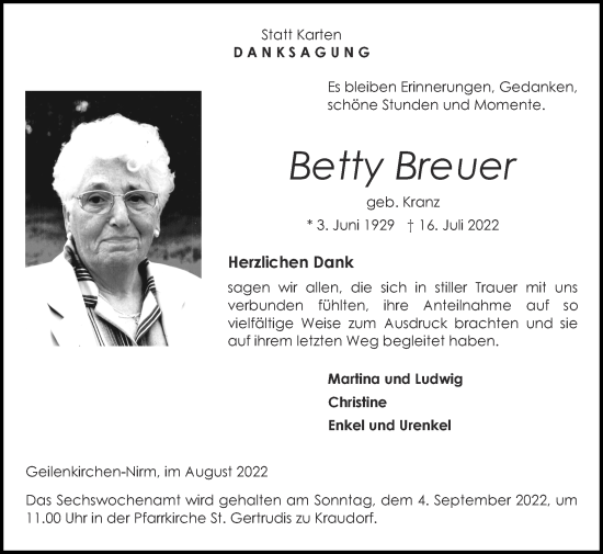 Traueranzeige von Betty Breuer von Zeitung am Sonntag