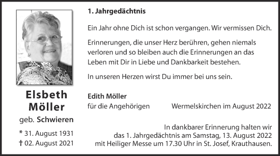 Traueranzeige von Elsbeth Möller von Zeitung am Sonntag
