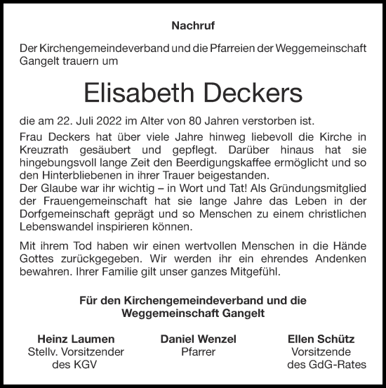 Traueranzeige von Elisabeth Deckers von Zeitung am Sonntag
