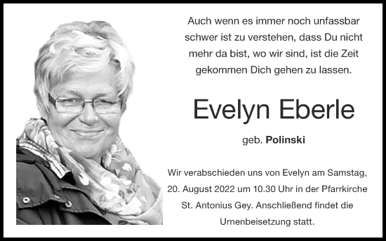 Traueranzeige von Evelyn Eberle von Zeitung am Sonntag