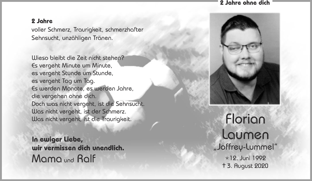  Traueranzeige für Florian Laumen vom 06.08.2022 aus Aachener Zeitung / Aachener Nachrichten
