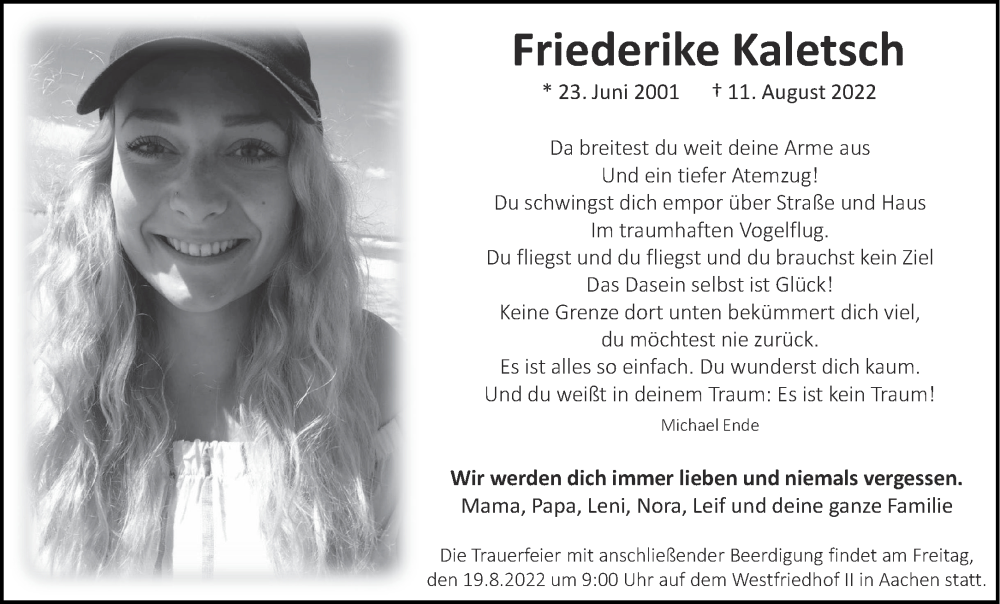  Traueranzeige für Friederike Kaletsch vom 17.08.2022 aus Aachener Zeitung / Aachener Nachrichten