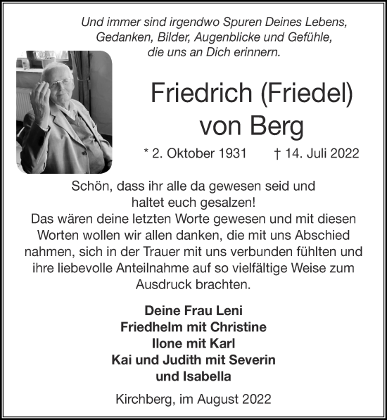 Traueranzeige von Friedrich von Berg von Zeitung am Sonntag