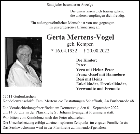 Traueranzeige von Gerta Mertens-Vogel von Zeitung am Sonntag
