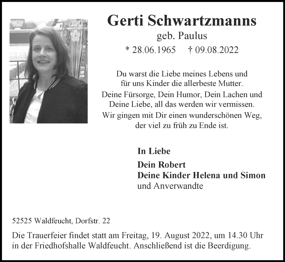  Traueranzeige für Gerti Schwartzmanns vom 14.08.2022 aus Zeitung am Sonntag