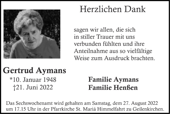 Traueranzeige von Gertrud Aymans von Zeitung am Sonntag