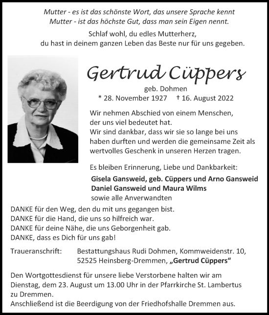 Traueranzeige von Gertrud Cüppers von Zeitung am Sonntag