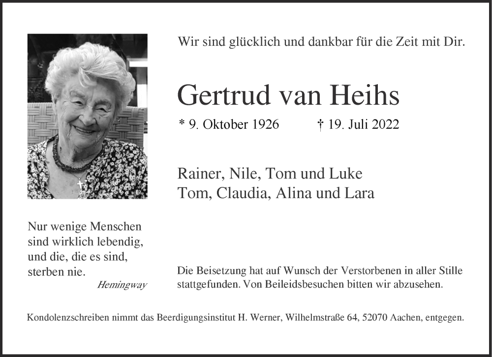  Traueranzeige für Gertrud van Heihs vom 06.08.2022 aus Aachener Zeitung / Aachener Nachrichten