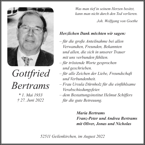 Traueranzeige von Gottfried Bertrams von Zeitung am Sonntag