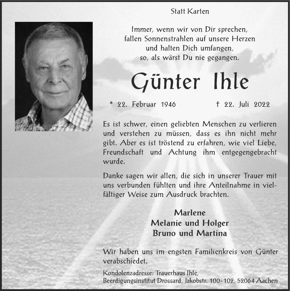  Traueranzeige für Günter Ihle vom 07.08.2022 aus Zeitung am Sonntag