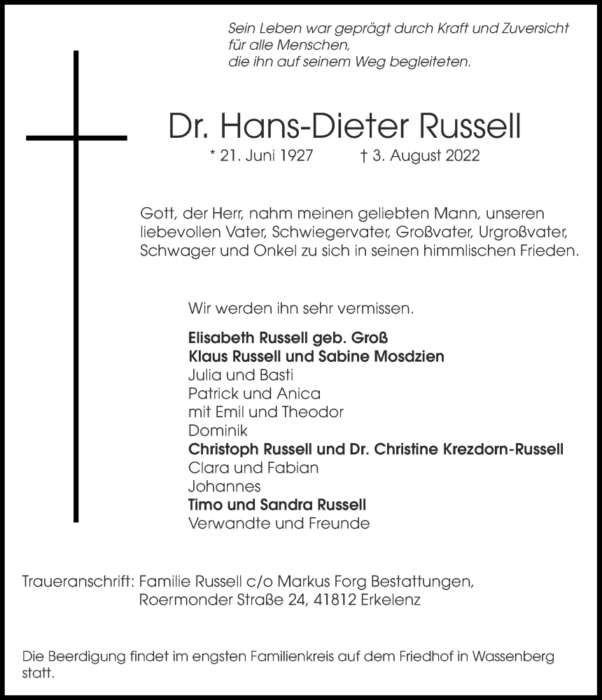  Traueranzeige für Hans-Dieter Russell vom 06.08.2022 aus Aachener Zeitung / Aachener Nachrichten