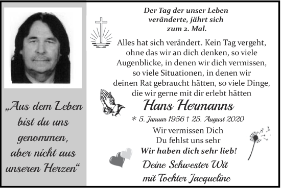 Traueranzeige von Hans  Hermanns von Zeitung am Sonntag