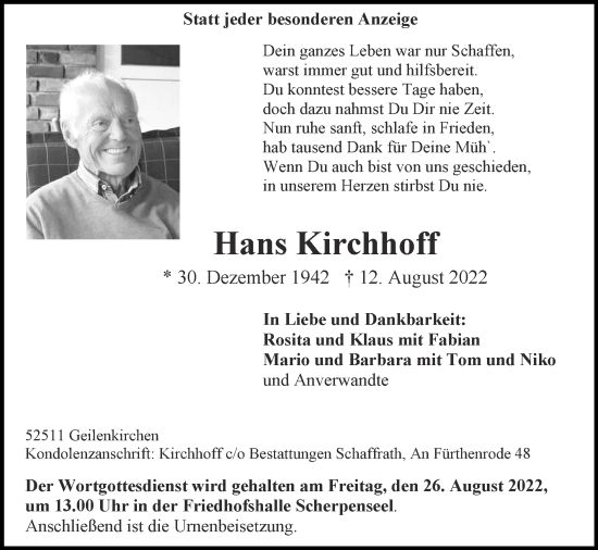 Traueranzeige von Hans Kirchhoff von Zeitung am Sonntag