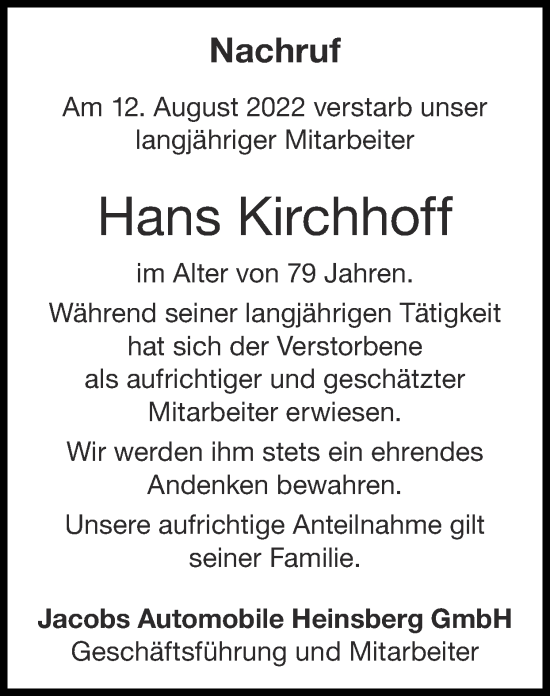 Traueranzeige von Hans Kirchhoff von Zeitung am Sonntag