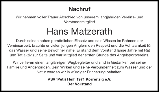 Traueranzeige von Hans Matzerath von Zeitung am Sonntag