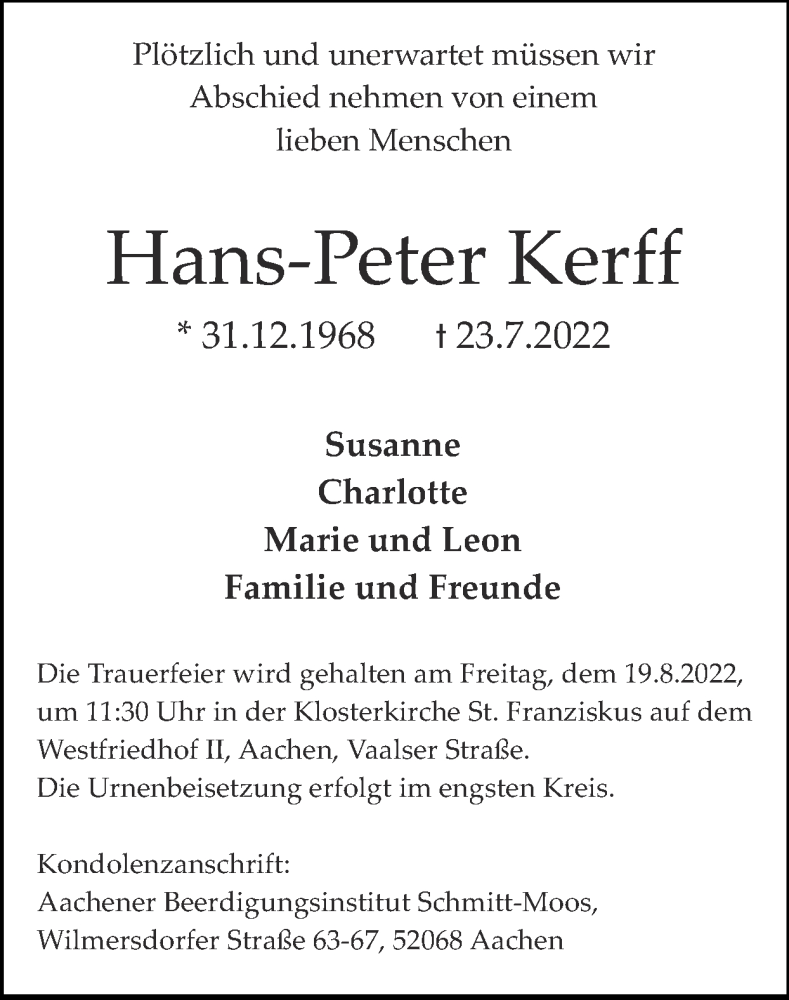  Traueranzeige für Hans-Peter Kerff vom 07.08.2022 aus Zeitung am Sonntag
