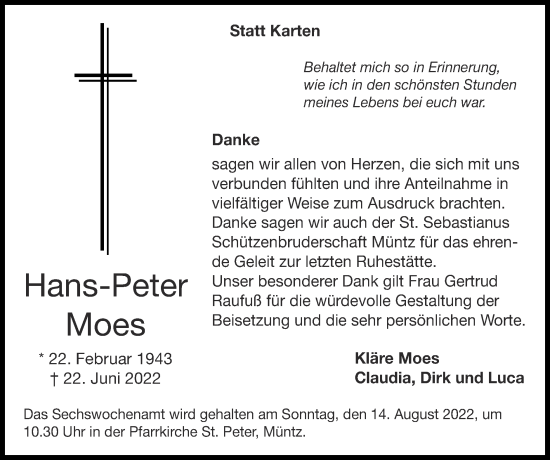 Traueranzeige von Hans-Peter Moes von Zeitung am Sonntag