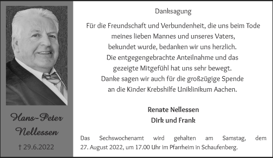 Traueranzeige von Hans-Peter Nellessen von Aachener Zeitung / Aachener Nachrichten