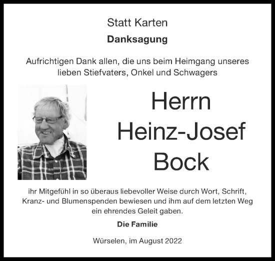 Traueranzeige von Heinz-Josef Bock von Zeitung am Sonntag