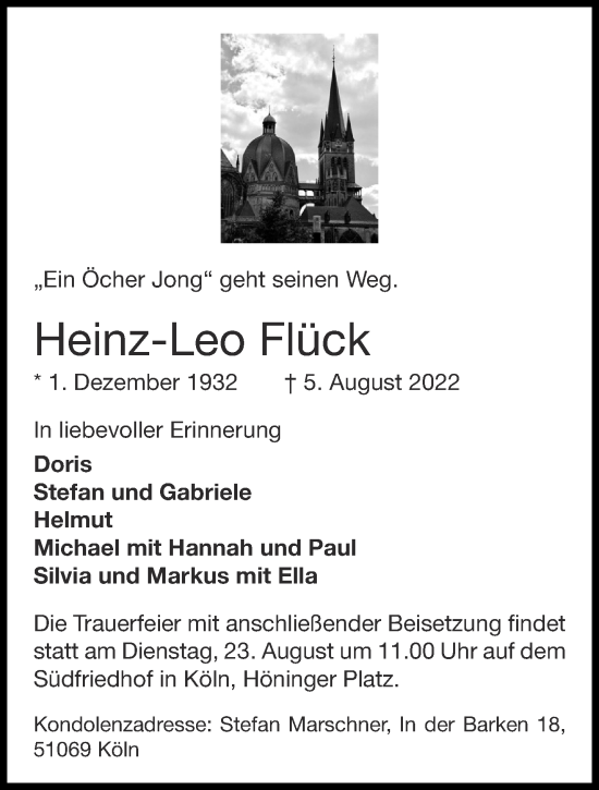 Traueranzeige von Heinz-Leo Flück von Aachener Zeitung / Aachener Nachrichten
