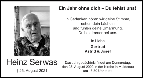 Traueranzeige von Heinz Serwas von Zeitung am Sonntag