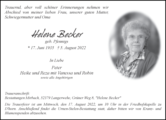Traueranzeige von Helene Becker von Aachener Zeitung / Aachener Nachrichten