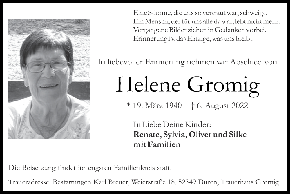  Traueranzeige für Helene Gromig vom 14.08.2022 aus Zeitung am Sonntag