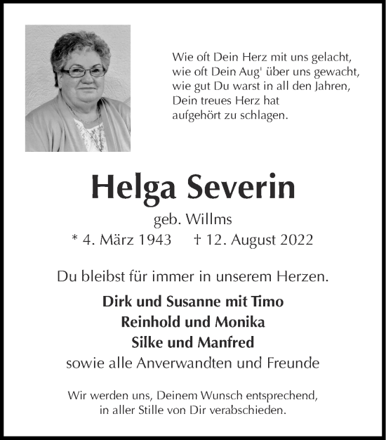 Traueranzeige von Helga Severin von Zeitung am Sonntag