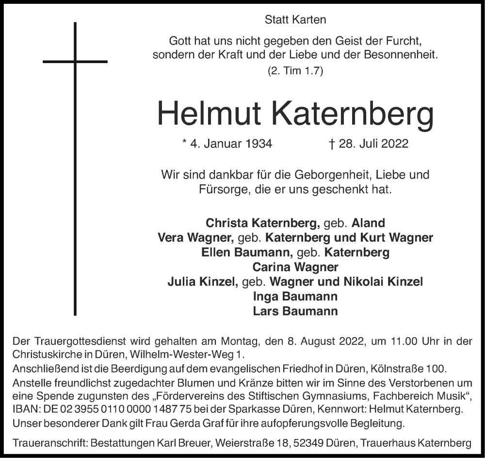  Traueranzeige für Helmut Katernberg vom 03.08.2022 aus Aachener Zeitung / Aachener Nachrichten