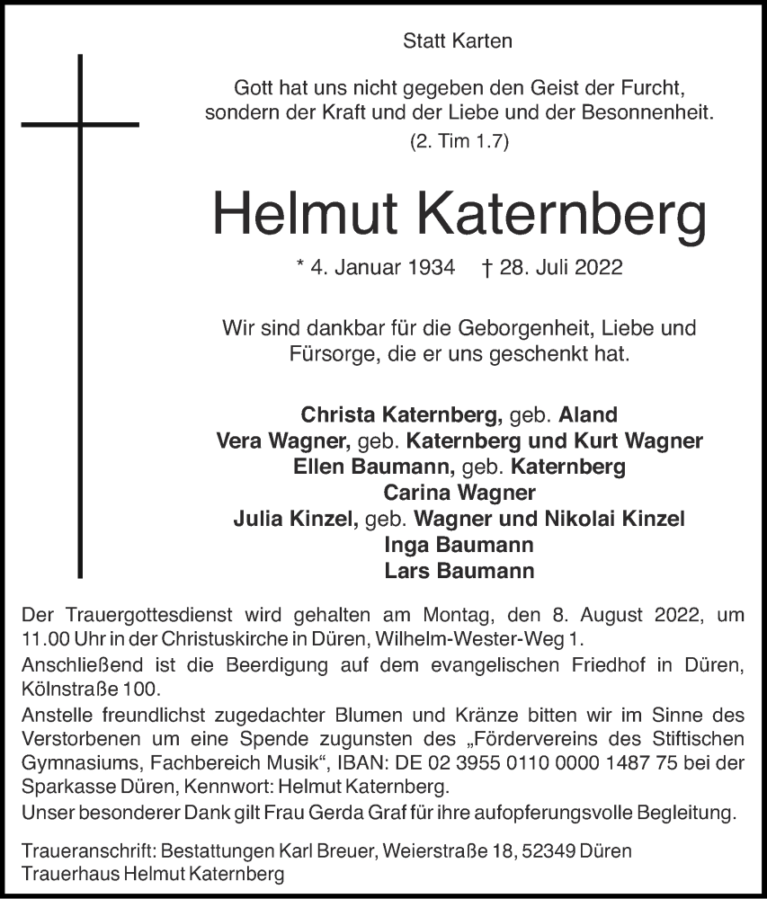  Traueranzeige für Helmut Katernberg vom 07.08.2022 aus Zeitung am Sonntag