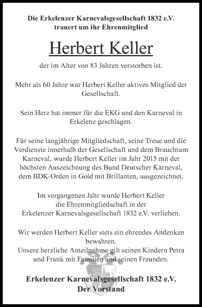  Traueranzeige für Herbert Keller vom 07.08.2022 aus Zeitung am Sonntag