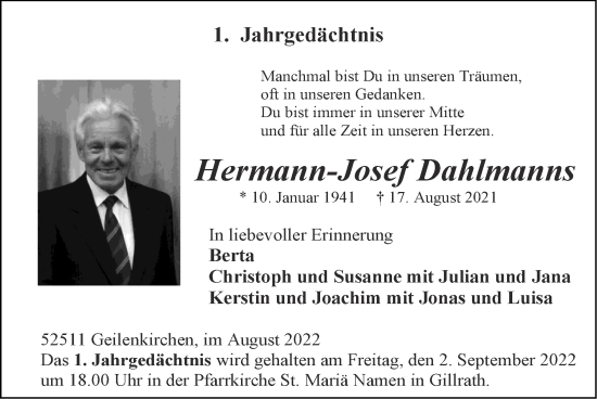 Traueranzeige von Hermann-Josef Dahlmanns von Zeitung am Sonntag