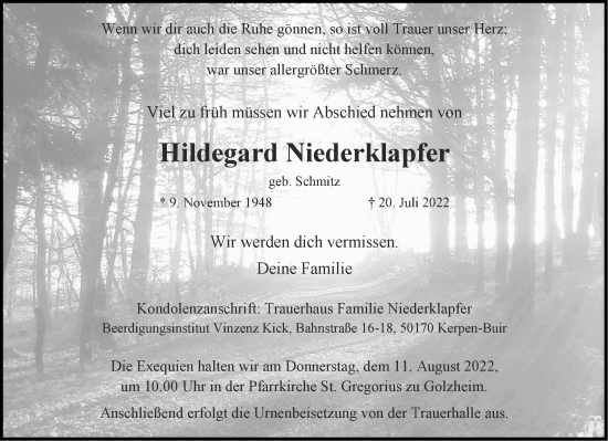 Traueranzeige von Hildegard Niederklapfer von Aachener Zeitung / Aachener Nachrichten