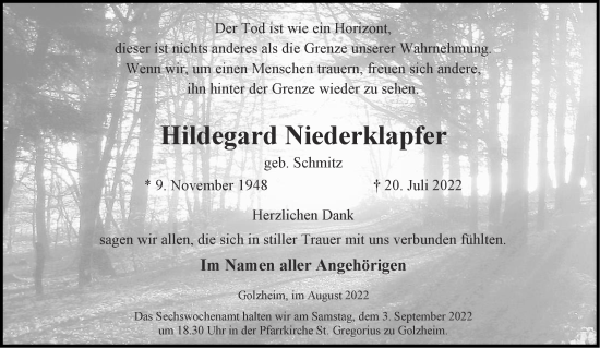 Traueranzeige von Hildegard Niederklapfer von Aachener Zeitung / Aachener Nachrichten