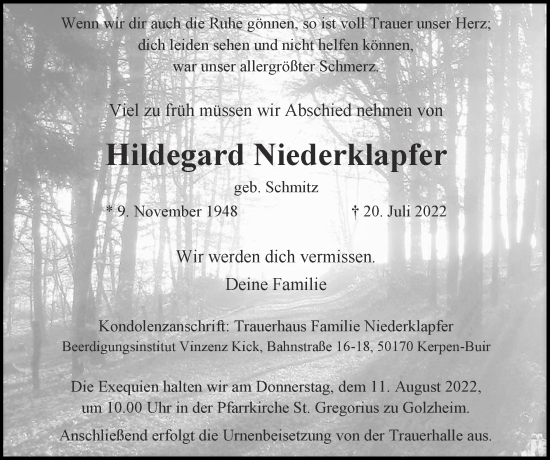 Traueranzeige von Hildegard Niederklapfer von Zeitung am Sonntag