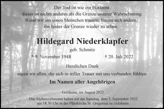 Traueranzeige von Hildegard Niederklapfer von Zeitung am Sonntag