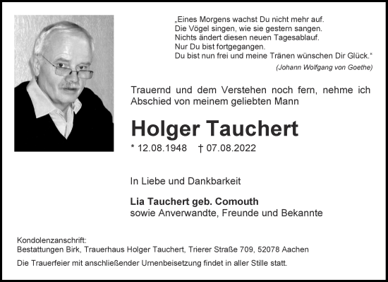 Traueranzeige von Holger Tauchert von Aachener Zeitung / Aachener Nachrichten