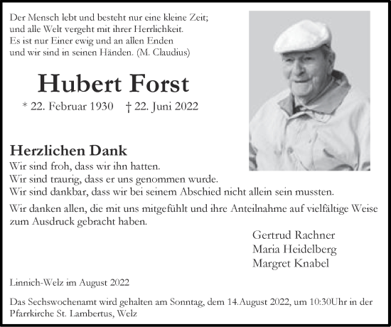 Traueranzeige von Hubert Forst von Zeitung am Sonntag